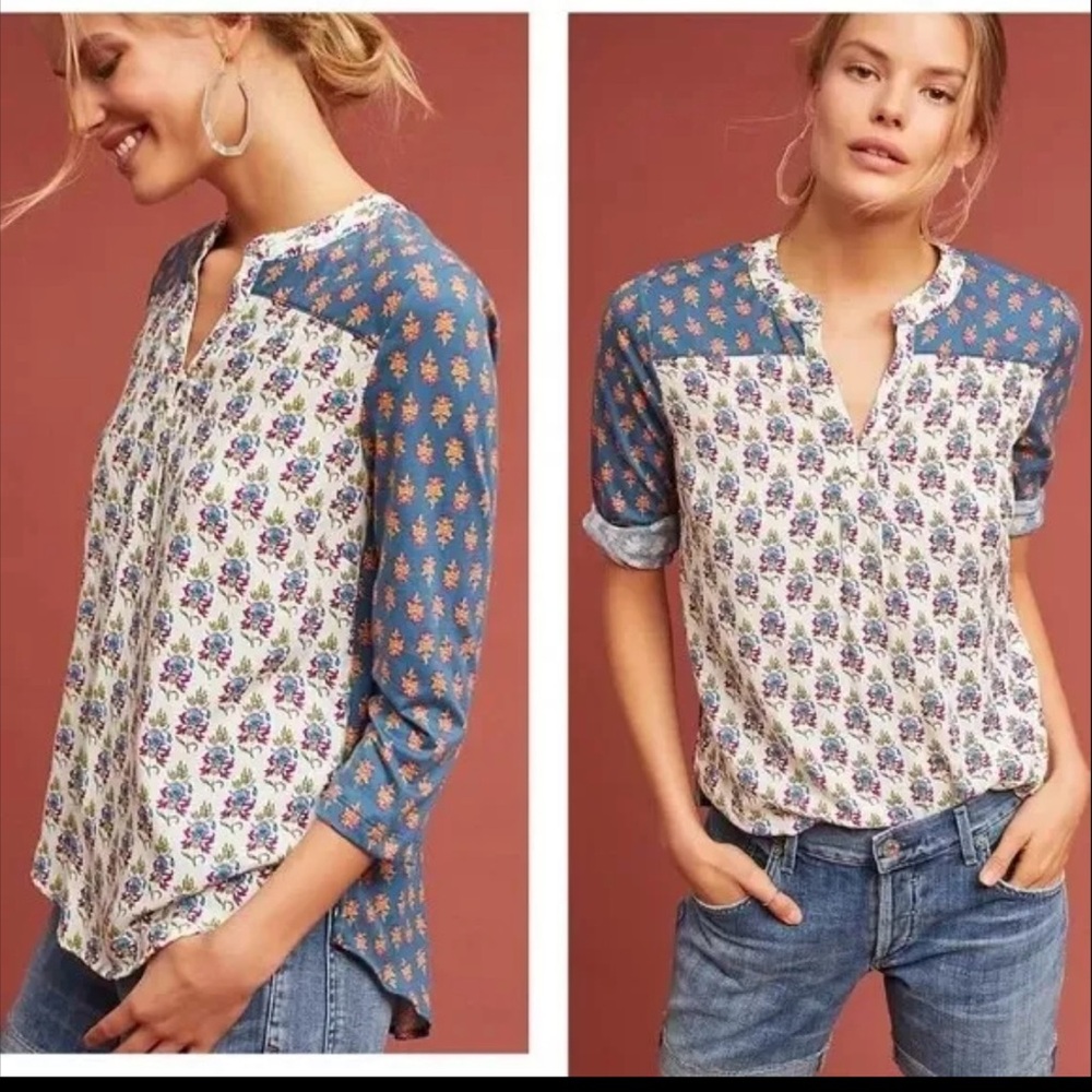 Anthropologie Blue and White Floral Blouse